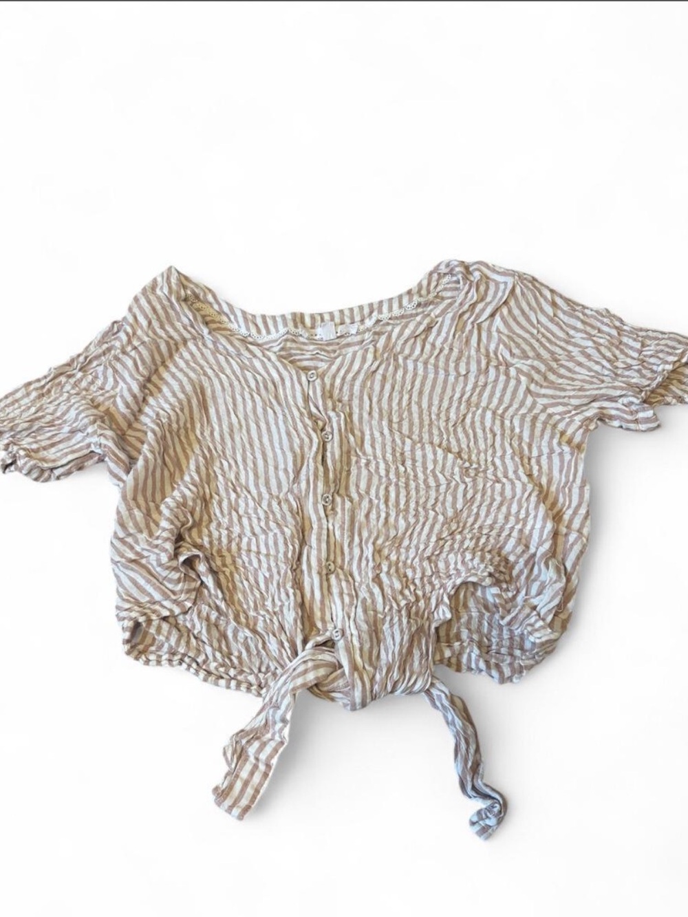Striped Tie-Front Short Sleeve Top in Beige and White